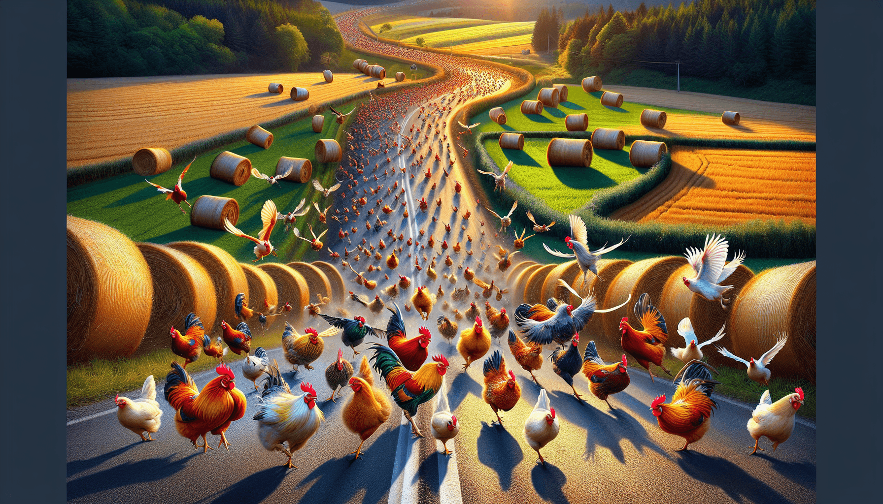 Chickens racing on a road