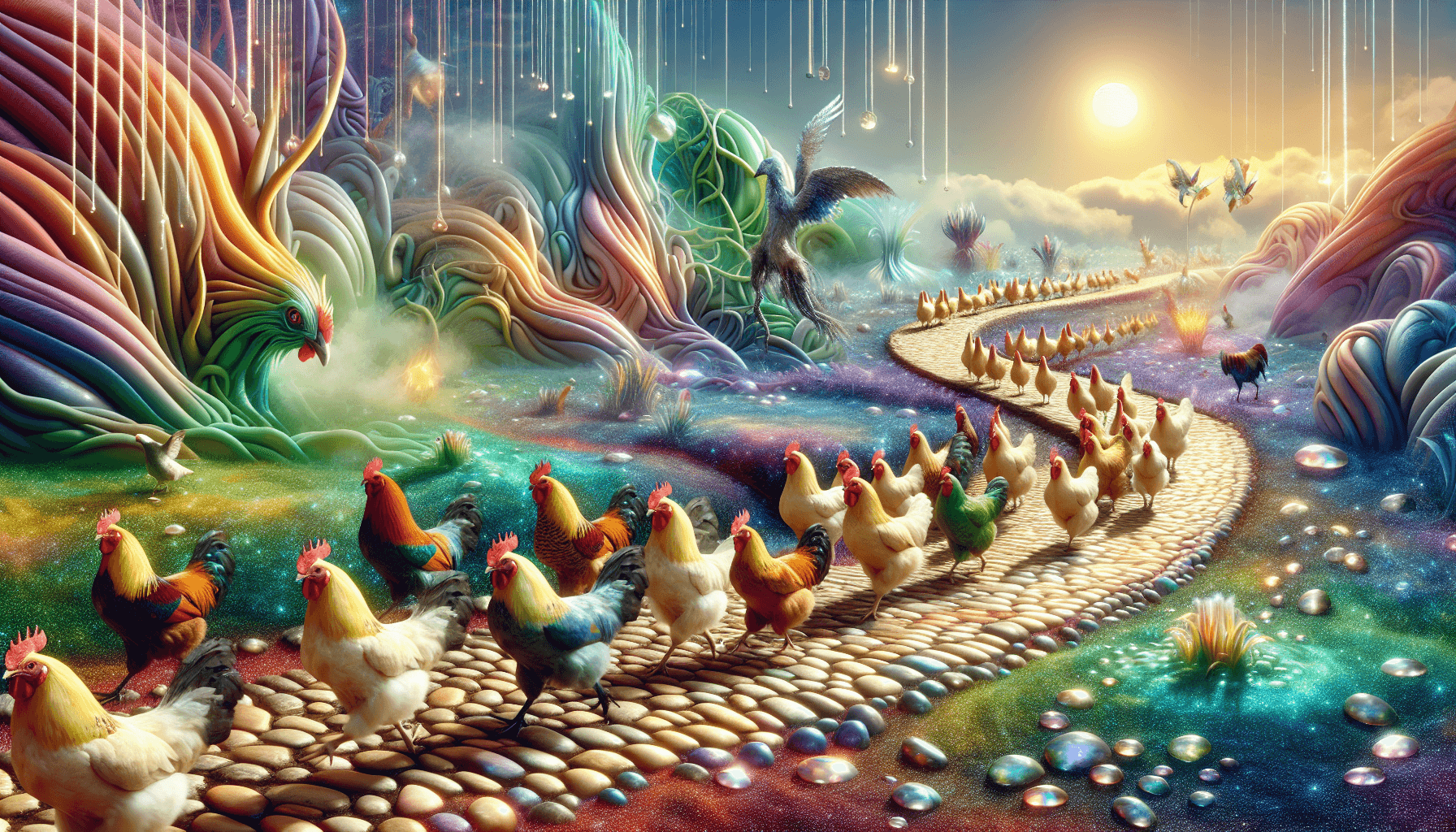 Chickens crossing a road in a fantastical world