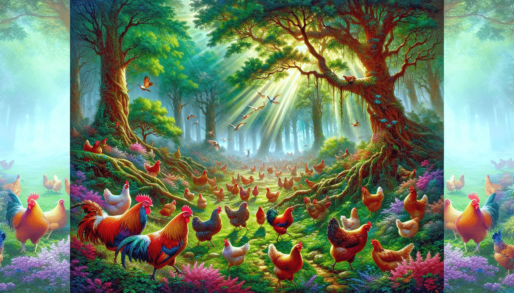 Chickens in a mystical forest